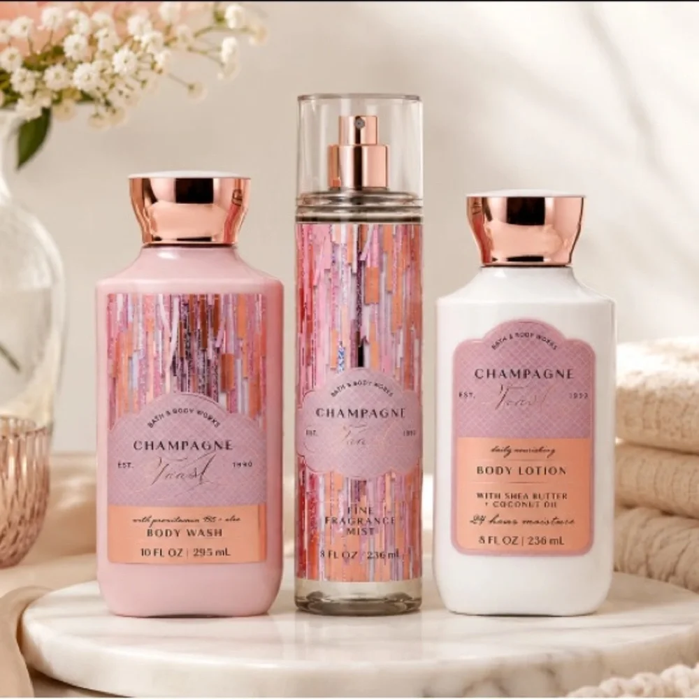 Bath & Body Works champagne toast scent body splash, body wash & body lotion set